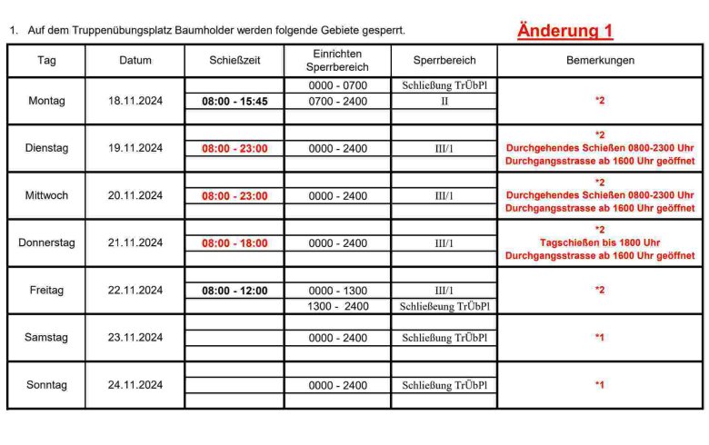 Schießzeiten Truppenübungsplatz KW 47