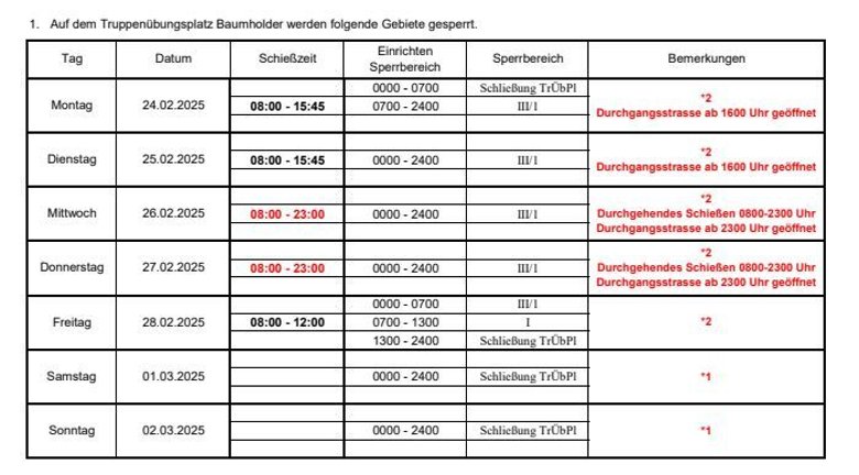 Schießzeiten Tabelle 17.02.-02.03.2025