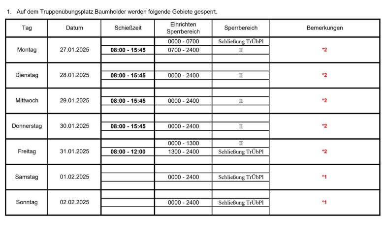 Schießzeiten Truppenübungsplatz KW 5